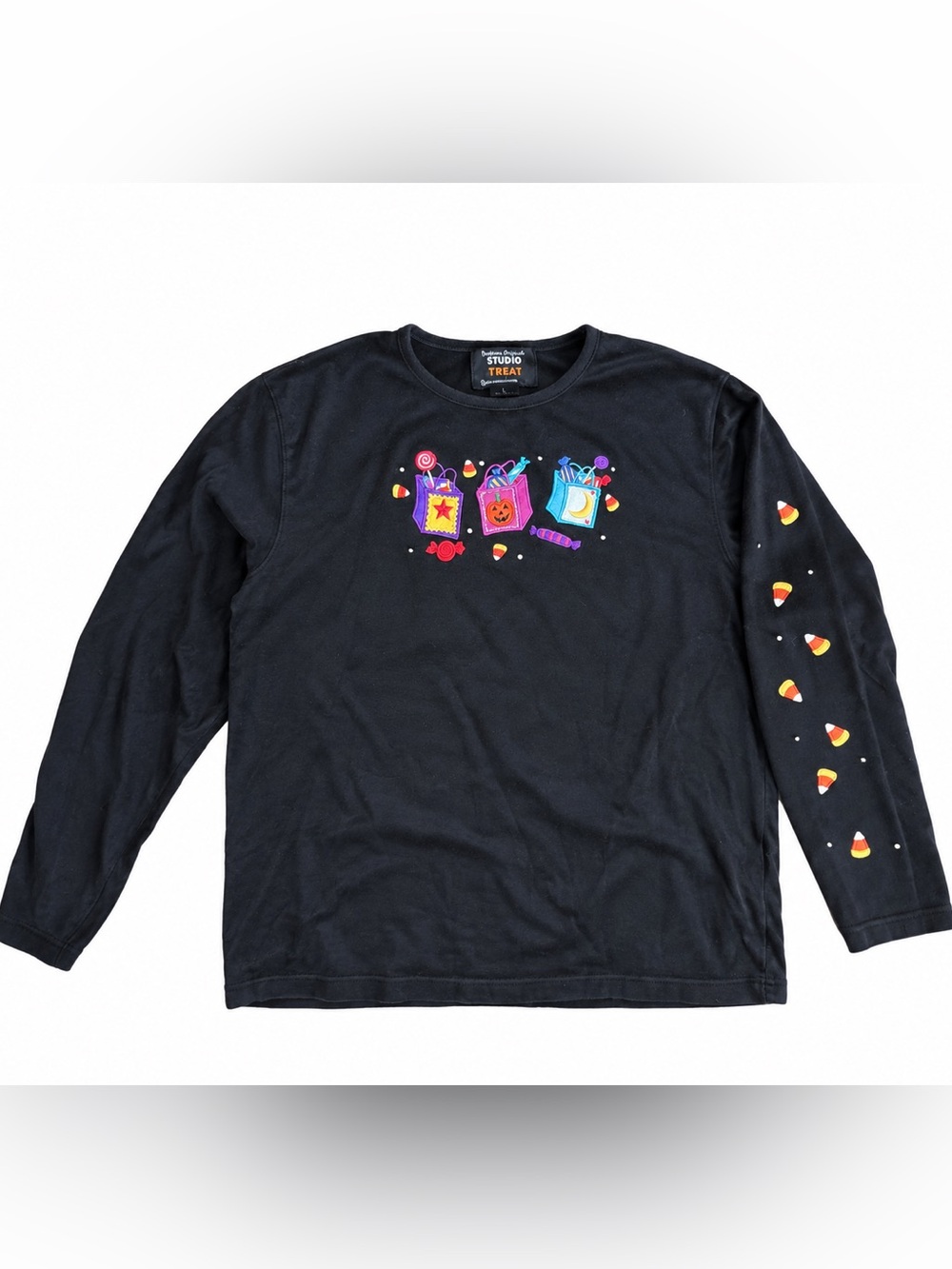 Vintage Halloween Candy Corn Embroidered Black Sweatshirt Large